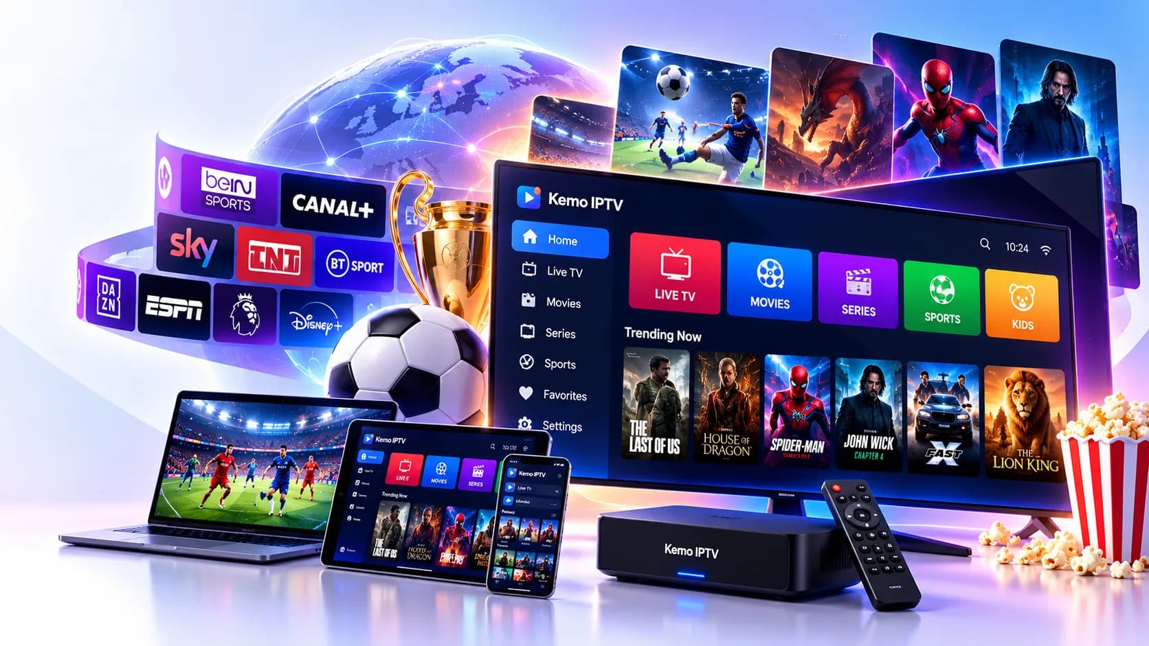 Kemo IPTV on a Smart TV, laptop, tablet, phone and TV box — live sport, films and series